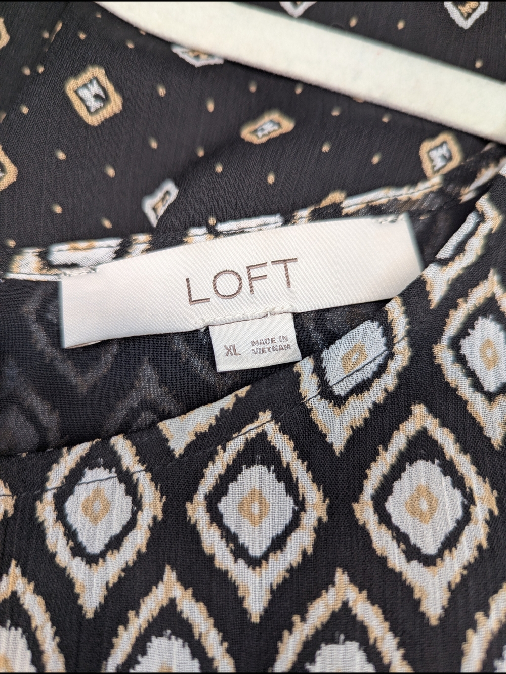 LOFT Black Printed Women’s Top with Cream and Tan Geometric Pattern